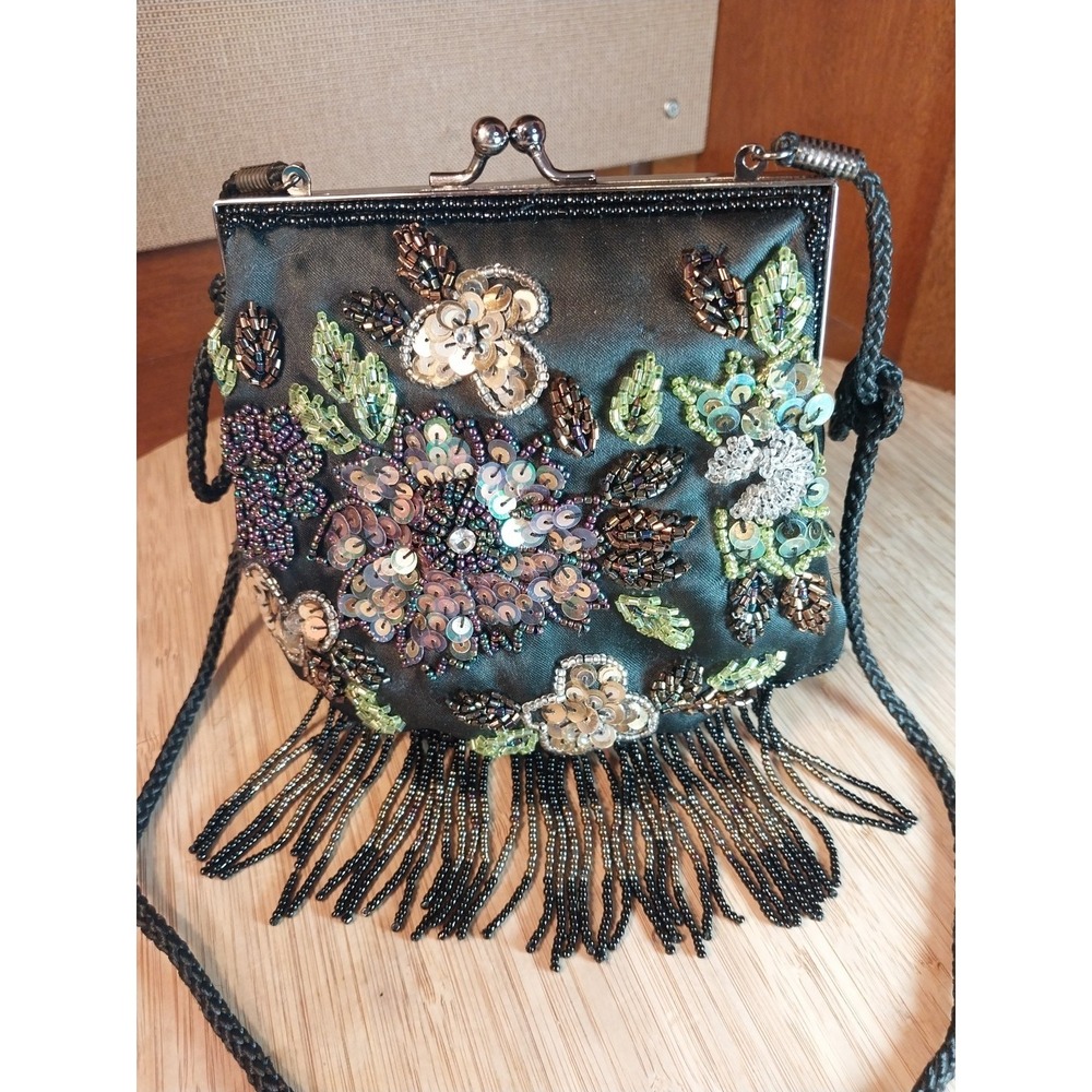 Lancome Black Multi Color Beaded Sequined Small 6" Snap Evening Bag Corded Strap - Picture 7 of 16